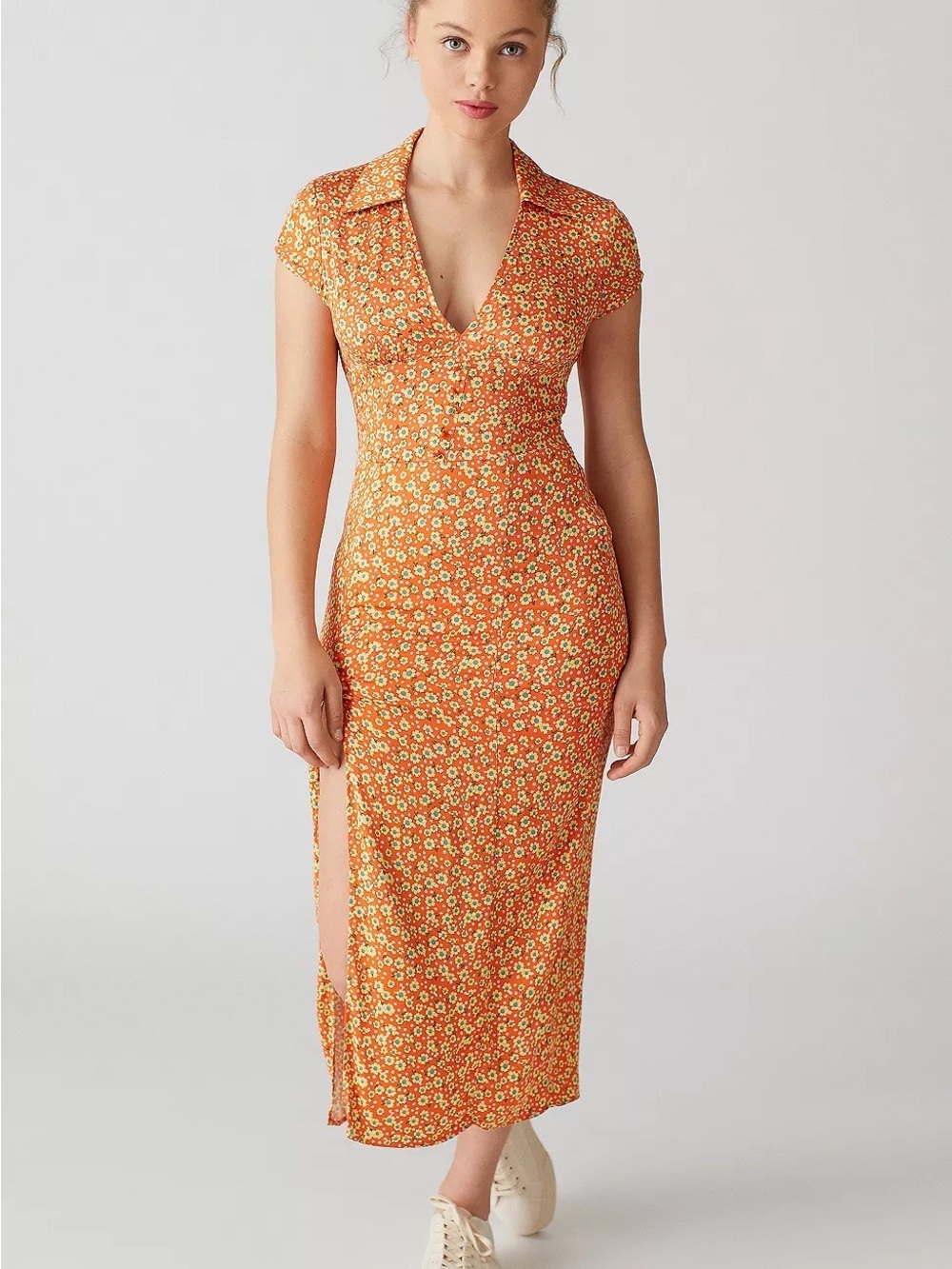 Urban Outfitters Chantelle Orange Collared V-neck Midi Floral Dress Small